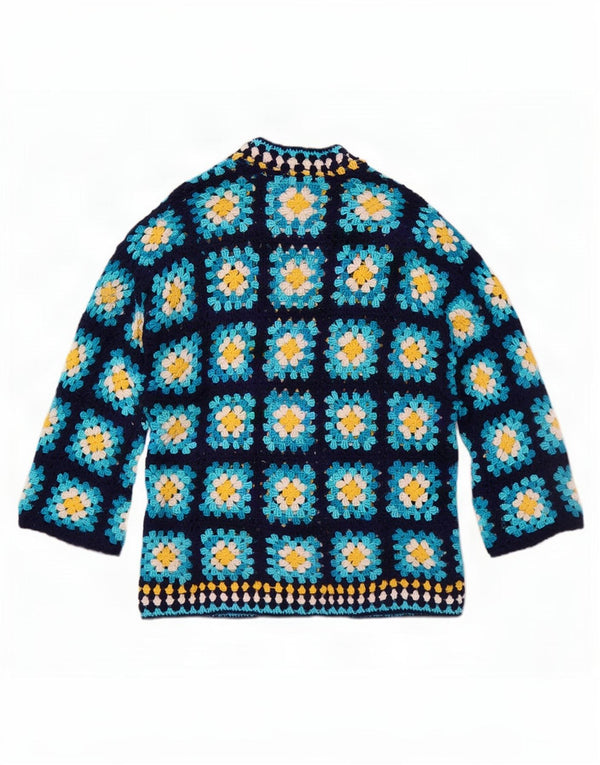 Sweter damski w stylu vintage na szydełku, UK 14, duży, niebieski w kwiaty