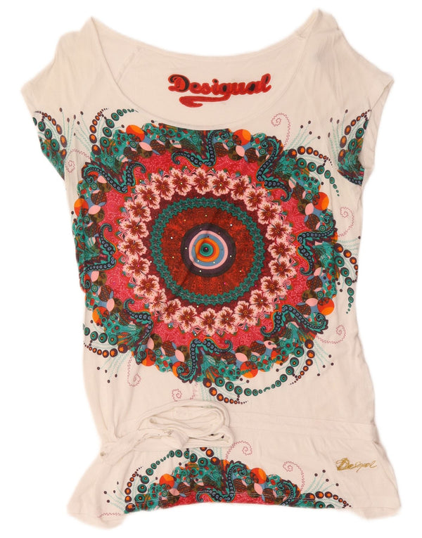Damska koszulka z grafiką Desigual Top UK 14, duża, biała w kwiaty