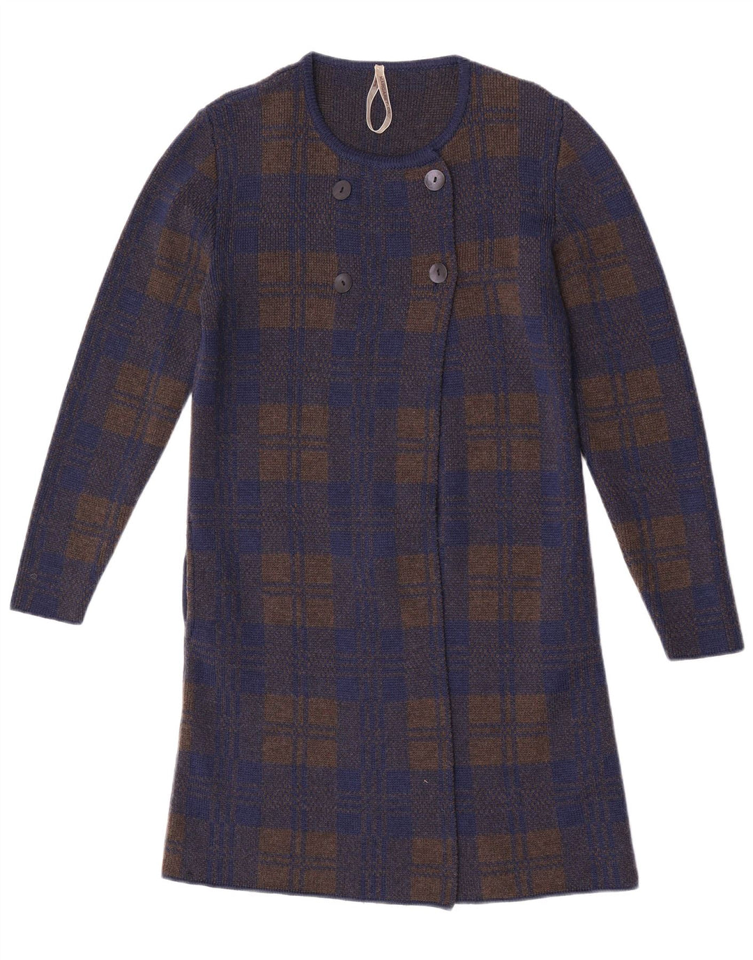 Vintage damski sweter rozpinany o przedłużonym fasonie UK 14, średni granatowy w kratkę