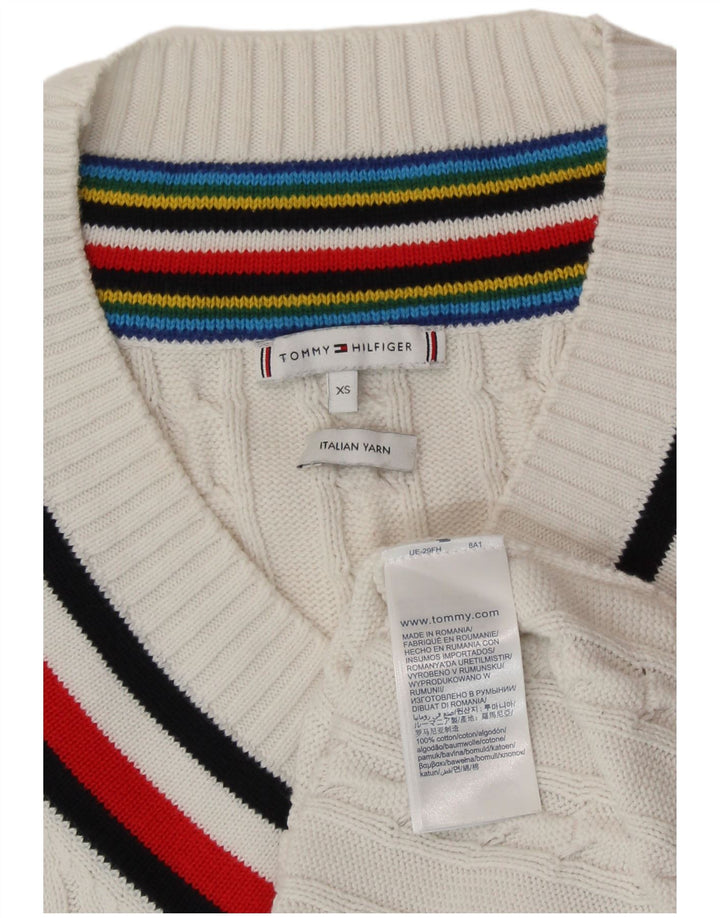Damski sweter TOMMY HILFIGER z dekoltem w kształcie litery V, UK 6 XS, w białe paski