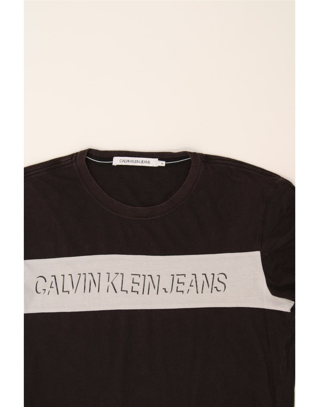 CALVIN KLEIN JEANS Mens Graphic T-Shirt Top Medium Black Colourblock Vintage Calvin Klein Jeans and Second-Hand Calvin Klein Jeans from Messina Hembry 