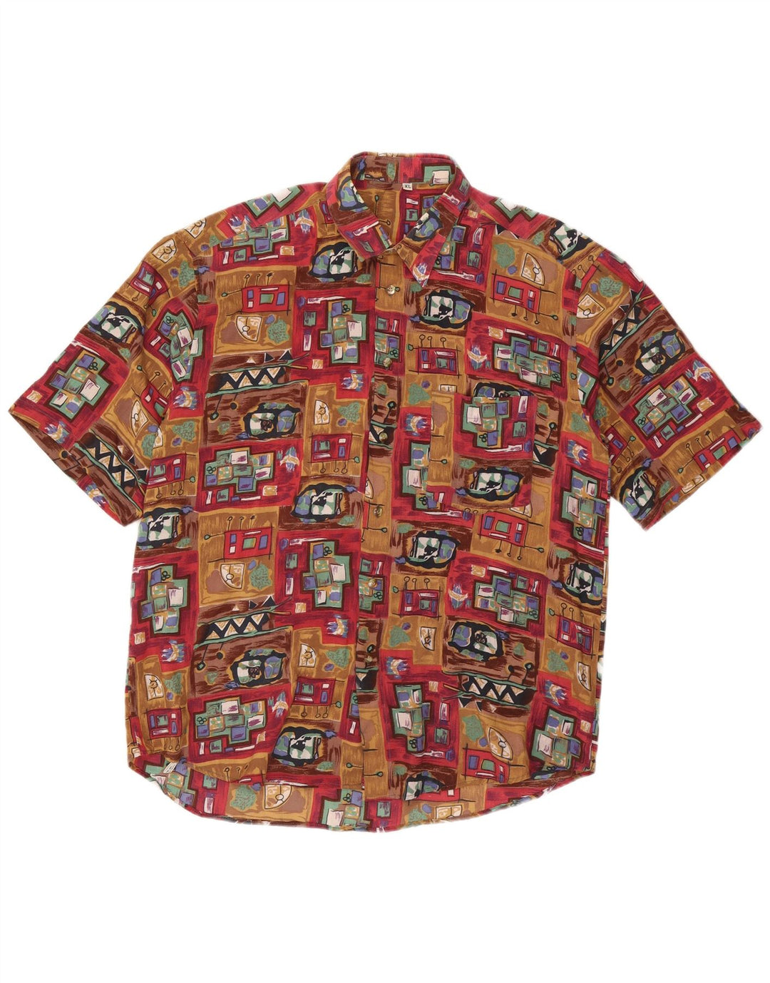 Koszula męska z krótkim rękawem VINTAGE XL, brązowa, patchworkowa