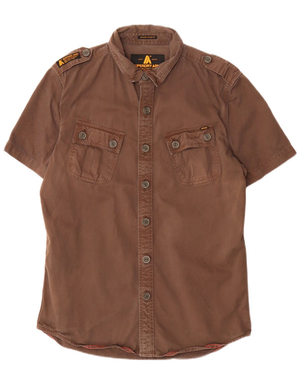 Męska koszula wojskowa z krótkim rękawem Superdry, duża, brązowa, bawełniana, wojskowa
