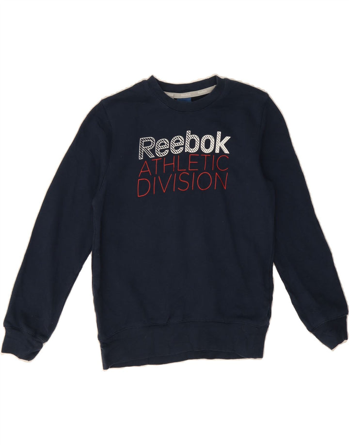 REEBOK Boys Graphic Sweatshirt Jumper 7-8 Years Navy Blue Cotton Vintage Reebok and Second-Hand Reebok from Messina Hembry 