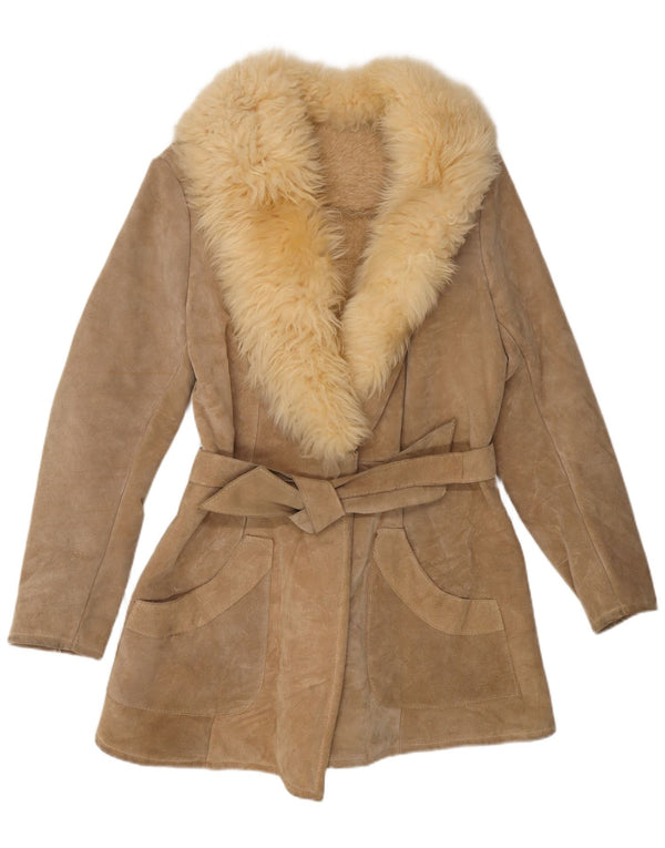 Vintage damski płaszcz z owczej skóry UK 10 Small Beige