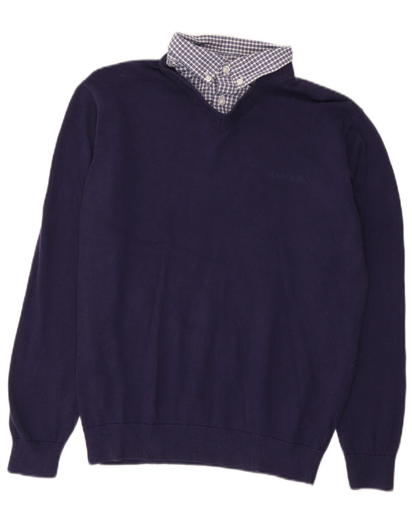 Męski sweter Pierre Cardin z dekoltem w kształcie litery V, mały, granatowy, bawełniany