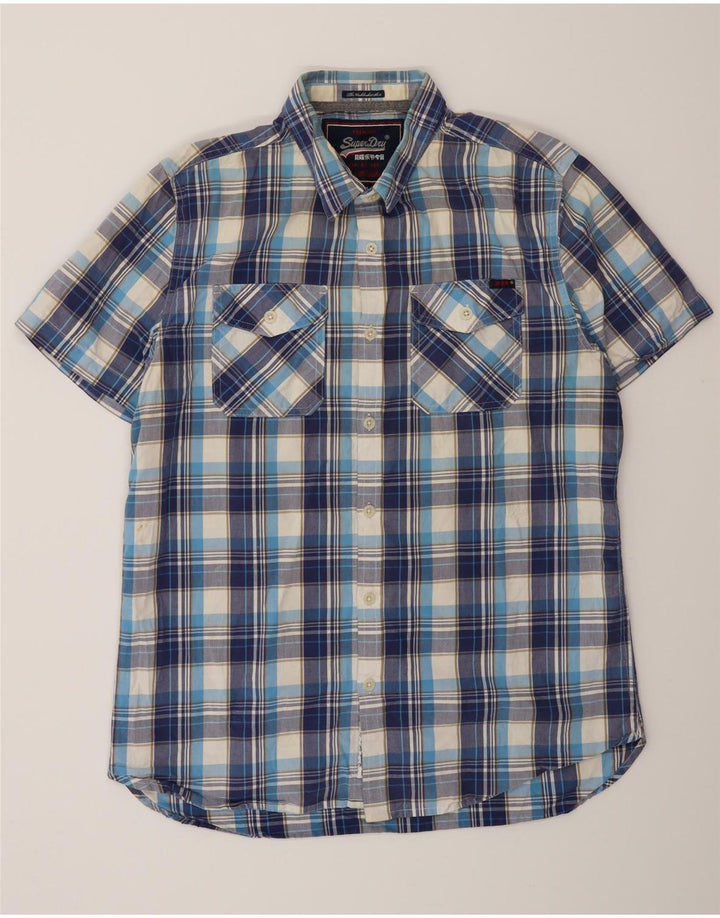 SUPERDRY Męska koszula z krótkim rękawem XL, niebieska kratka, bawełniana