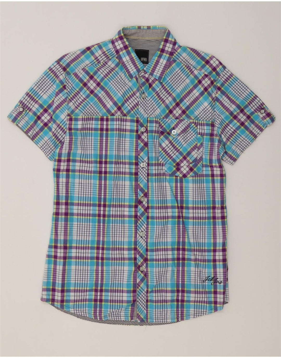 Męska koszula z krótkim rękawem JACK & JONES, bawełniana w średnią niebieską kratkę