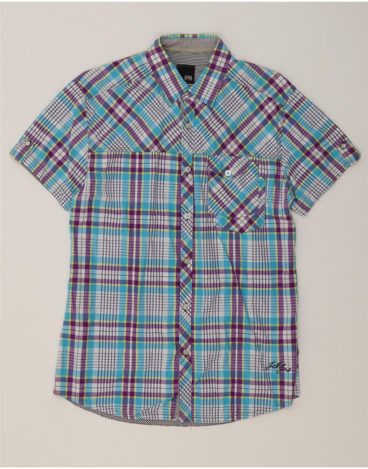 Męska koszula z krótkim rękawem JACK & JONES, bawełniana w średnią niebieską kratkę