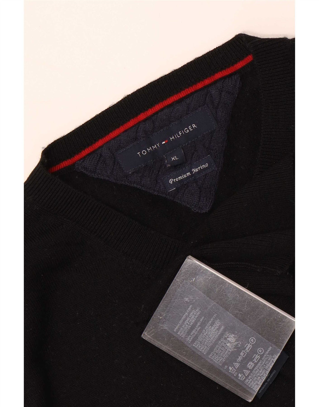 Męski sweter Tommy Hilfiger z dekoltem w kształcie litery V, XL, czarna wełna