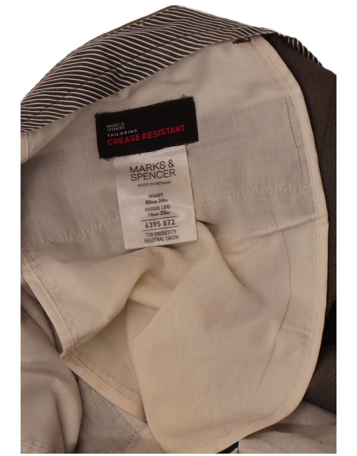 Marks & Spencer Męskie proste spodnie garniturowe W34 L29 Brązowe w jodełkę