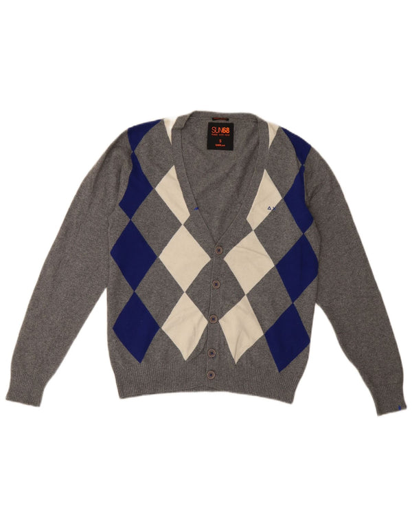 Męski sweter rozpinany Sun68, mały, szary, wykonany z tkaniny argyle/diamentowej bawełny