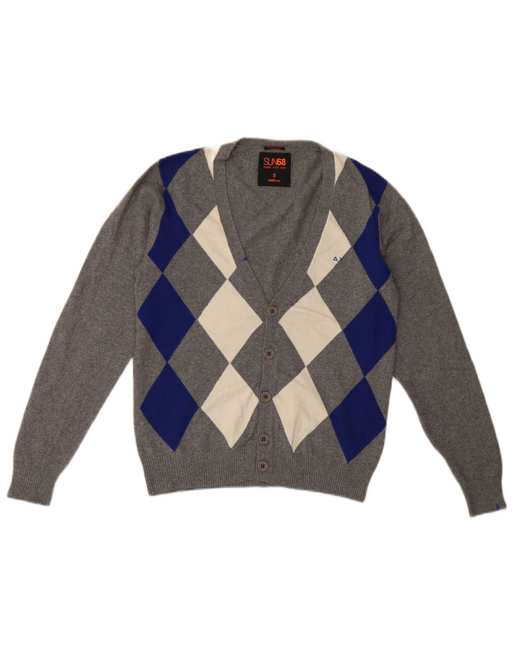 Męski sweter rozpinany Sun68, mały, szary, wykonany z tkaniny argyle/diamentowej bawełny