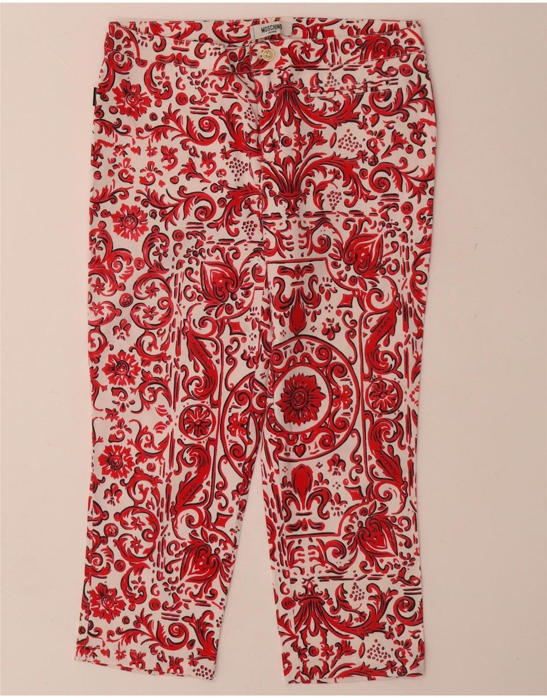 Spodnie damskie MOSCHINO Straight Capri UK 12 Medium W28 L21 Czerwone Paisley
