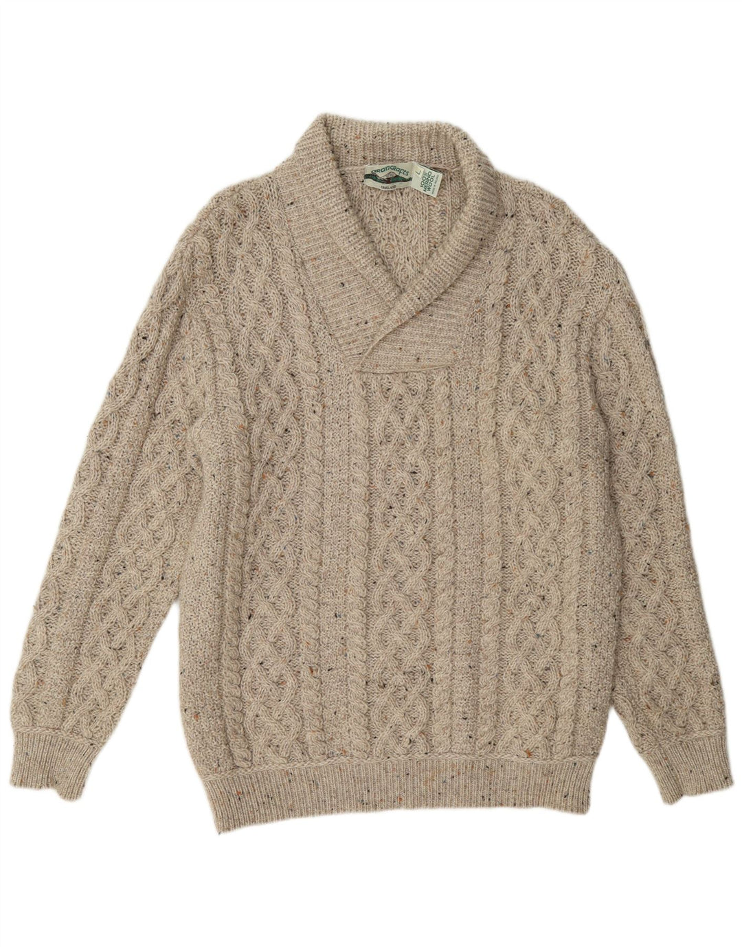 Aran Crafts Męski sweter z szalowym dekoltem, duży, beżowy, wełniany nakrapiany