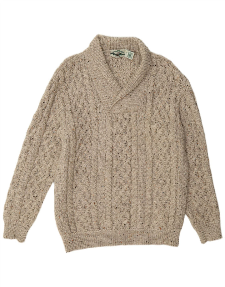Aran Crafts Męski sweter z szalowym dekoltem, duży, beżowy, wełniany nakrapiany