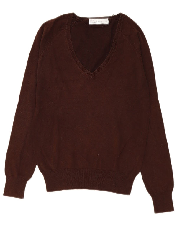 Sweter damski Zara z dekoltem w kształcie litery V, UK 12, średni brązowy, bawełniany