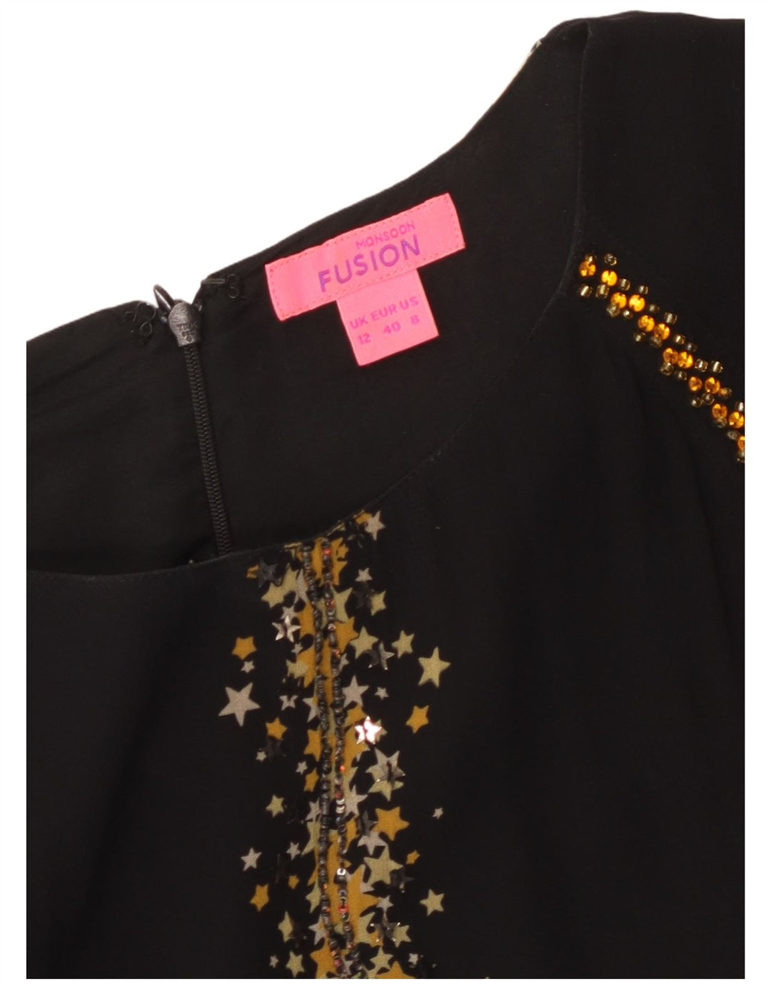 MONSOON Damska sukienka o linii A z abstrakcyjnym wzorem, rękawem 3/4 UK 12, średnia czerń