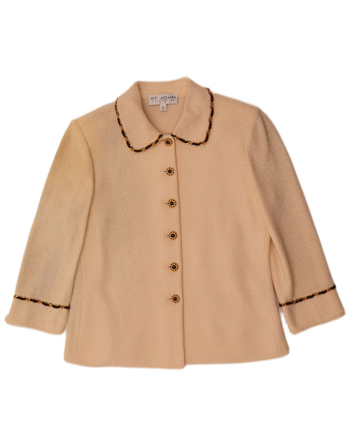Damski sweter rozpinany z rękawem 3/4 w stylu VINTAGE US 8, średni, złamanej białej wełny