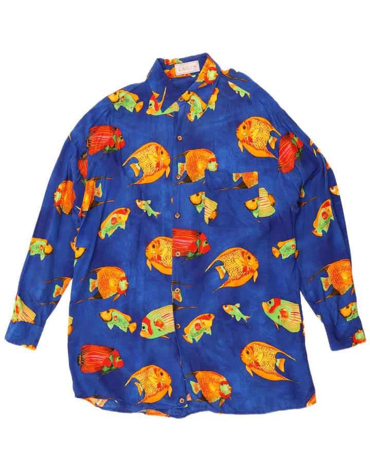 Koszula męska w stylu vintage w abstrakcyjny wzór, rozmiar 44 XL, niebieska wiskoza