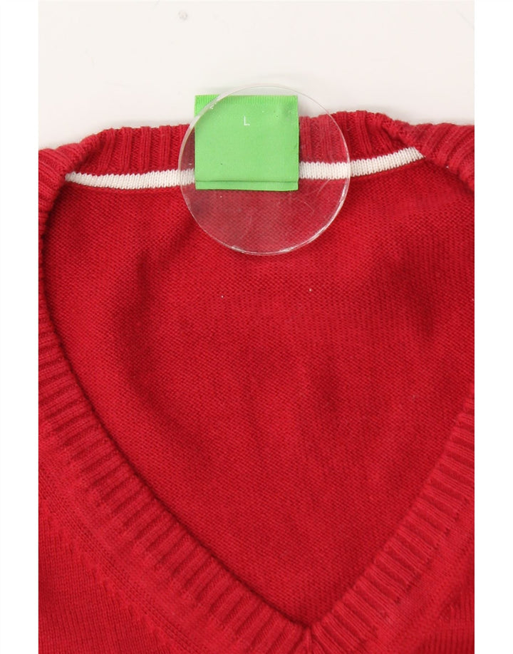 Męski sweter HUGO BOSS z graficznym dekoltem w kształcie litery V, duży, czerwony, z blokami kolorów