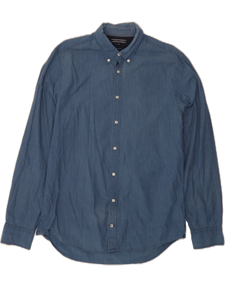 TOMMY HILFIGER Mens Shirt Large Navy Blue Striped Cotton Vintage Tommy Hilfiger and Second-Hand Tommy Hilfiger from Messina Hembry 