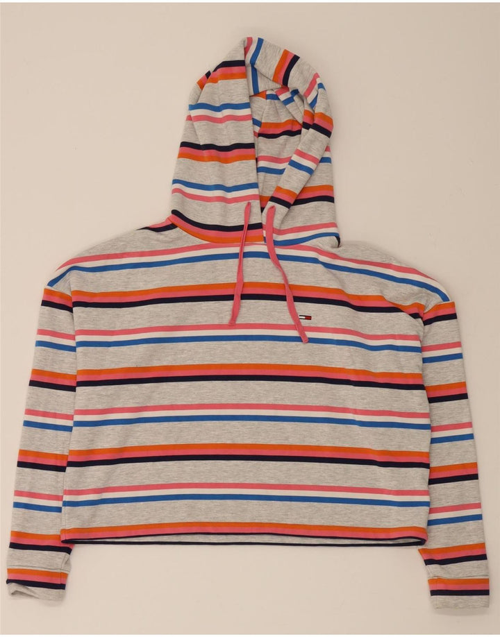 TOMMY HILFIGER Womens Oversized Hoodie Jumper UK 14 Medium Grey Striped Vintage Tommy Hilfiger and Second-Hand Tommy Hilfiger from Messina Hembry 