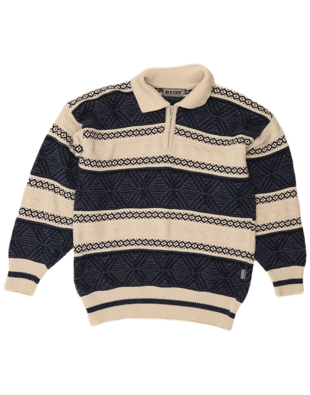 Męski sweter polo w stylu vintage, średni granatowy, bawełniany Fair Isle