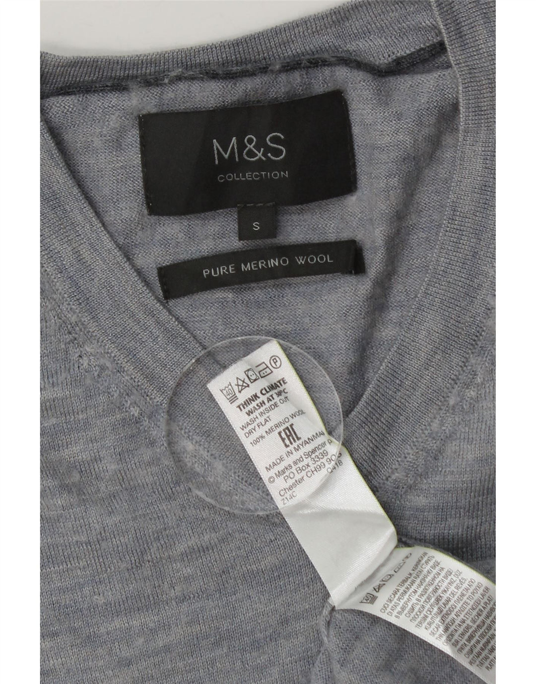 Marks & Spencer Męski sweter z dekoltem w kształcie litery V, mały, niebieski, nakrapiany wełna merynosów