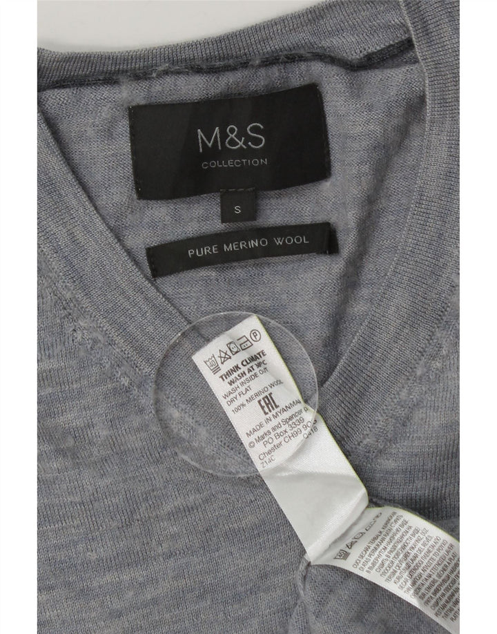 Marks & Spencer Męski sweter z dekoltem w kształcie litery V, mały, niebieski, nakrapiany wełna merynosów