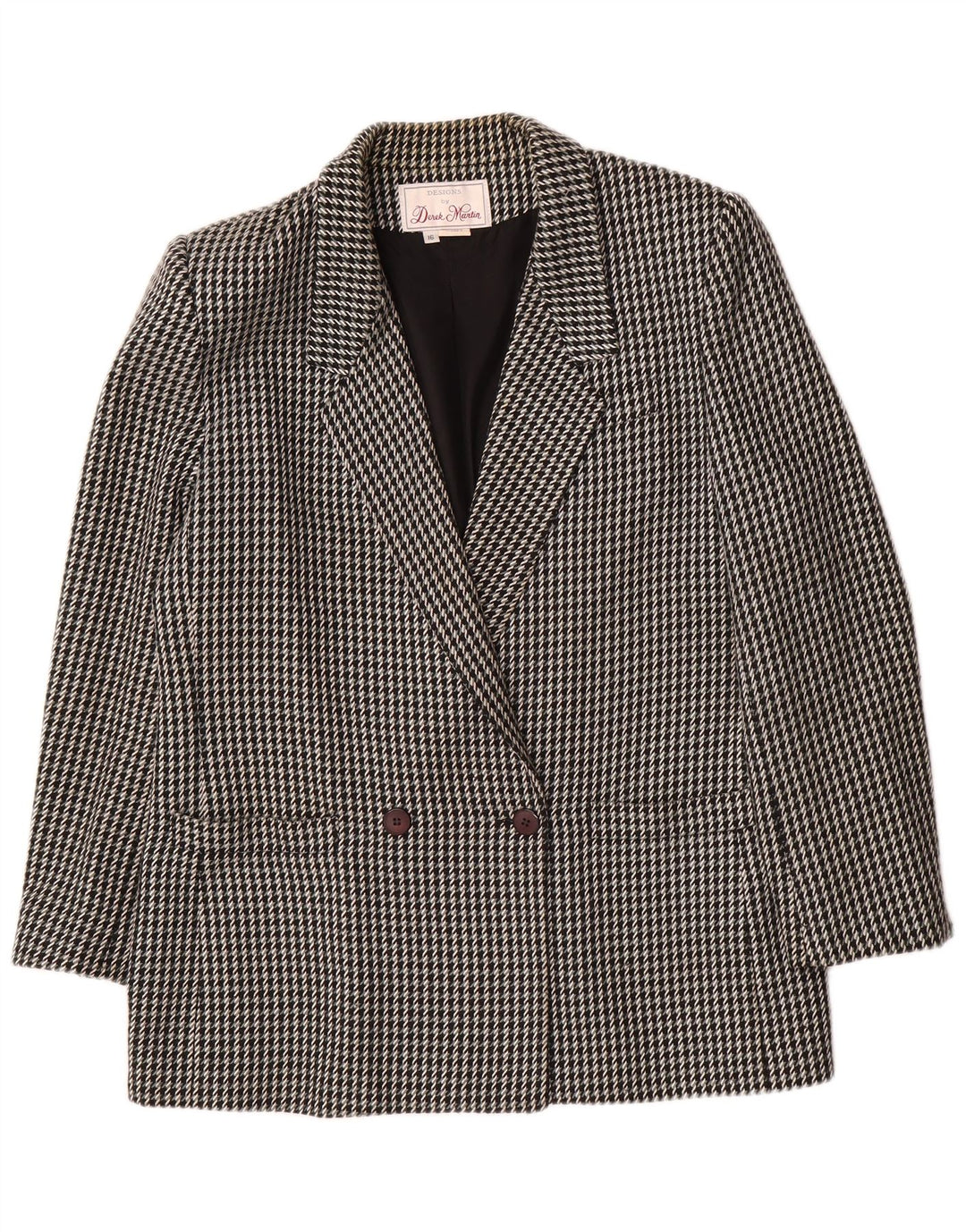 VINTAGE Womens Double Breasted Blazer Jacket UK 16 Large Black Houndstooth