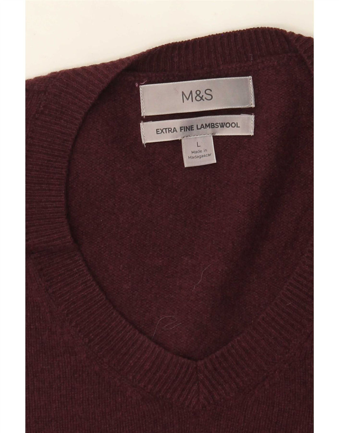 Marks & Spencer Męski sweter z dekoltem w kształcie litery V, duży, bordowy, z owczej wełny