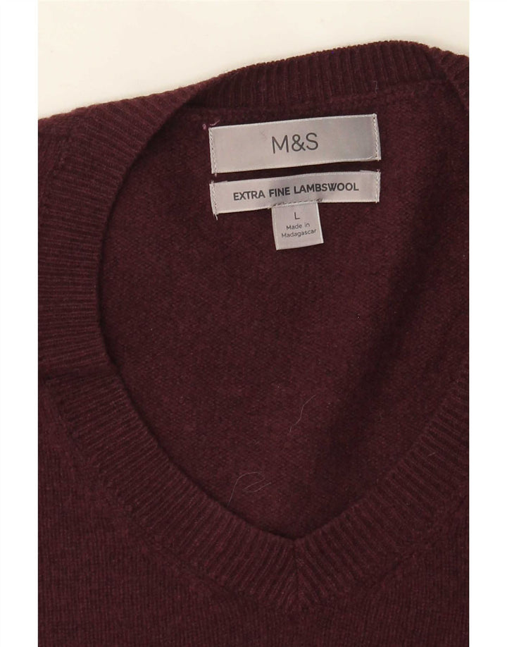 Marks & Spencer Męski sweter z dekoltem w kształcie litery V, duży, bordowy, z owczej wełny