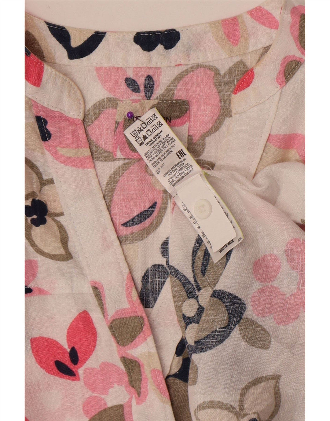 Marks & Spencer Damska bluzka oversize UK 12, średnia, biała, lniana w kwiaty