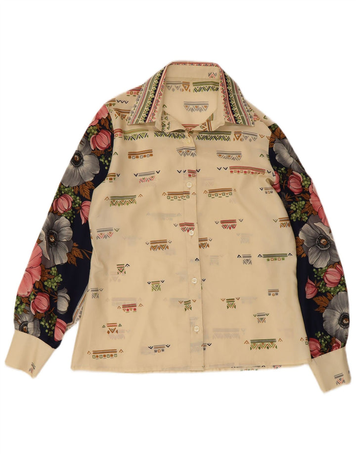 Damska bluzka koszulowa w stylu vintage UK 12 w kolorze średniego beżu w kwiaty