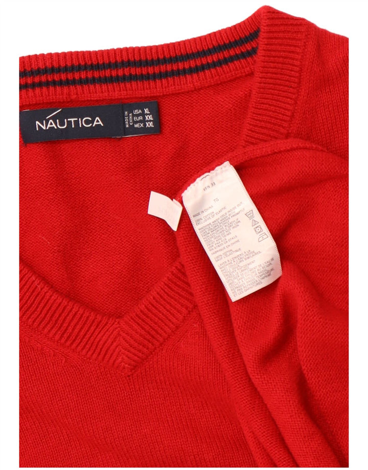 Męski sweter NAUTICA XL z dekoltem w kształcie litery V, czerwona, bawełniana