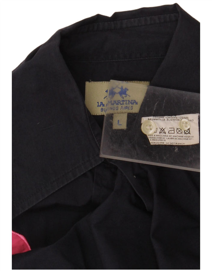 Damska koszula graficzna LA MARTINA UK 16, duża, granatowa, bawełniana