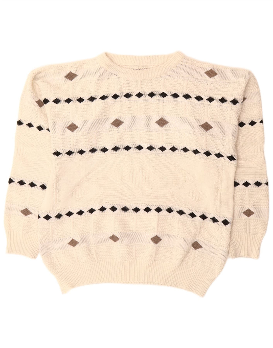 Vintage męski sweter z okrągłym dekoltem XL, biały Argyle/diament