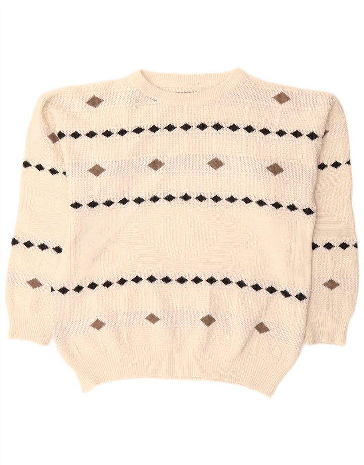 Vintage męski sweter z okrągłym dekoltem XL, biały Argyle/diament