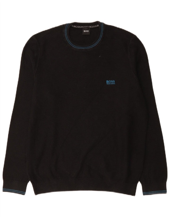 Męski sweter z okrągłym dekoltem Hugo Boss, duży, czarny, bawełniany