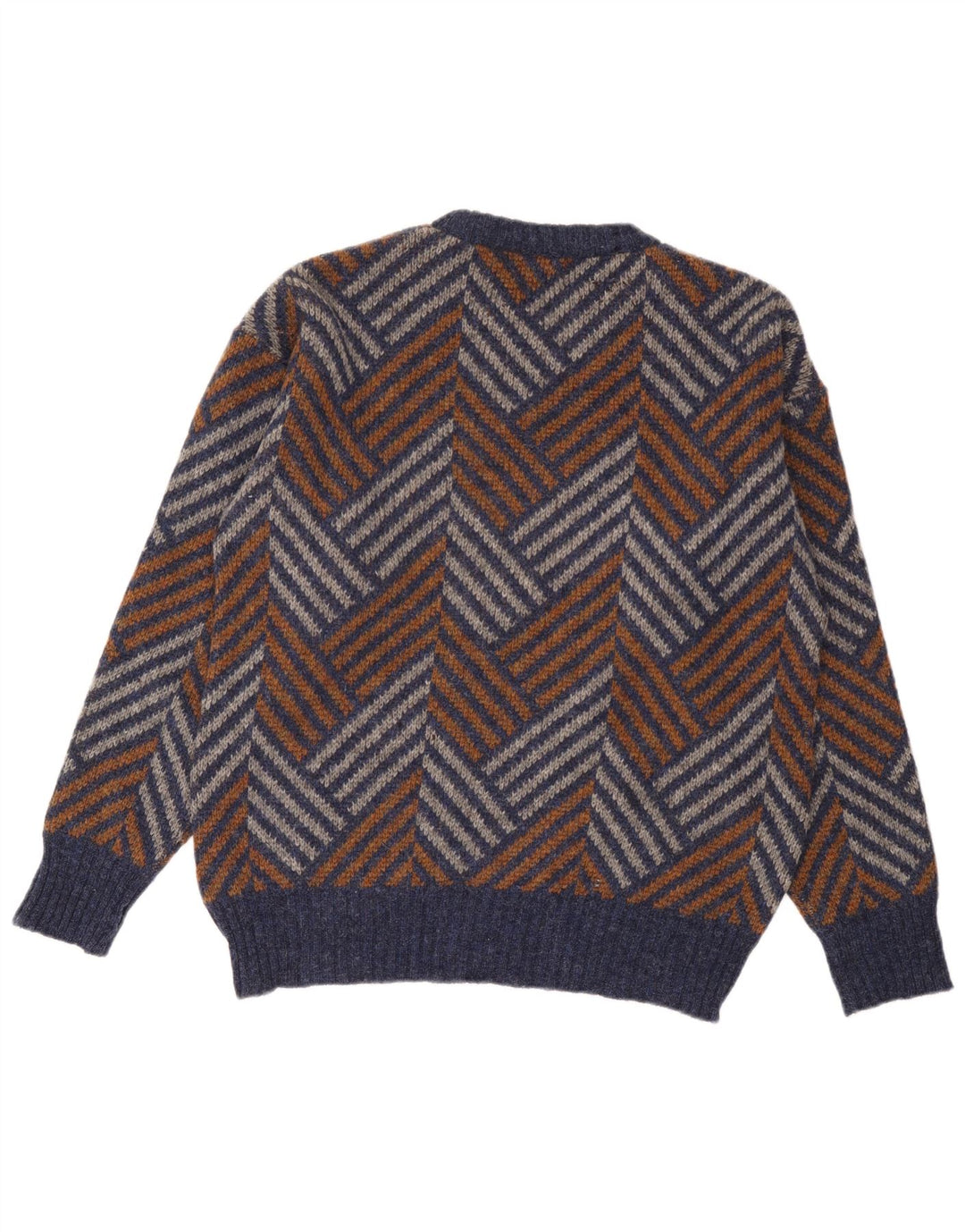 Vintage męski sweter z okrągłym dekoltem, duży, wielobarwny, wełniany jodełka