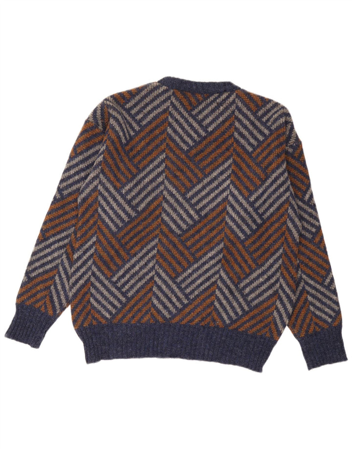 Vintage męski sweter z okrągłym dekoltem, duży, wielobarwny, wełniany jodełka
