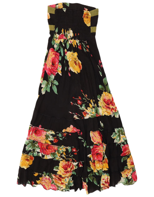 VINTAGE Damska sukienka maxi bez ramiączek UK 14 Średnia czarna bawełniana w kwiaty