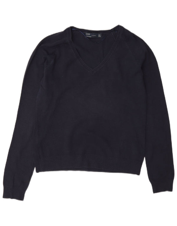 Sweter damski Zara z dekoltem w kształcie litery V, UK 14, duży, granatowy, bawełniany