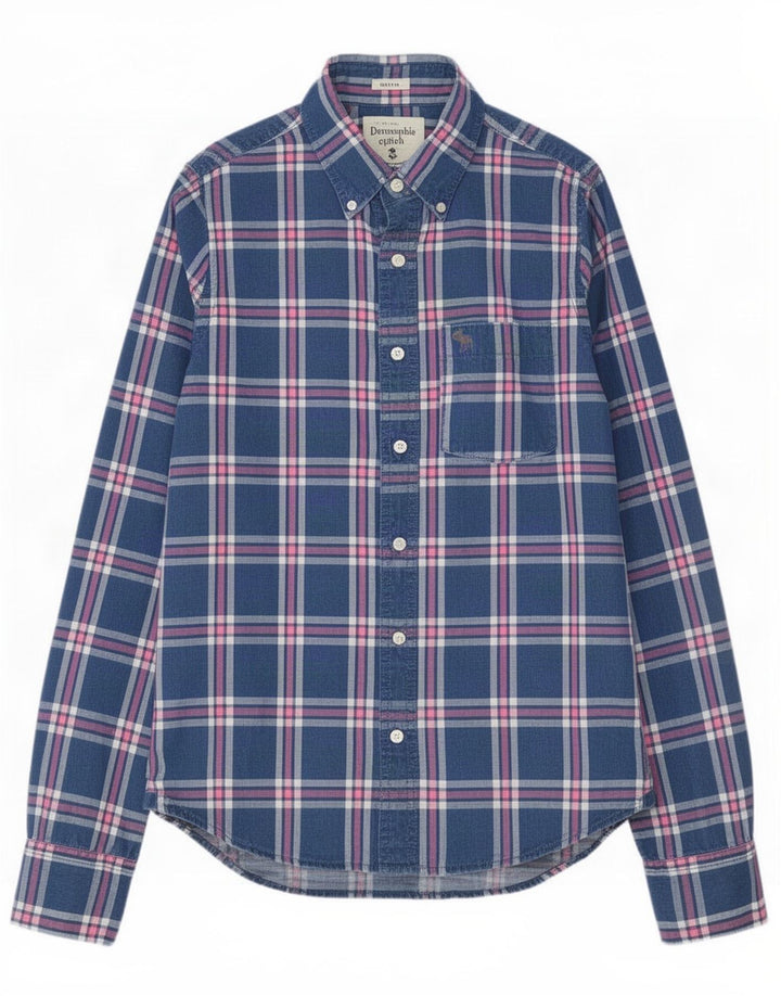 Męska koszula flanelowa Abercrombie & Fitch, bawełniana, w średnią niebieską kratkę
