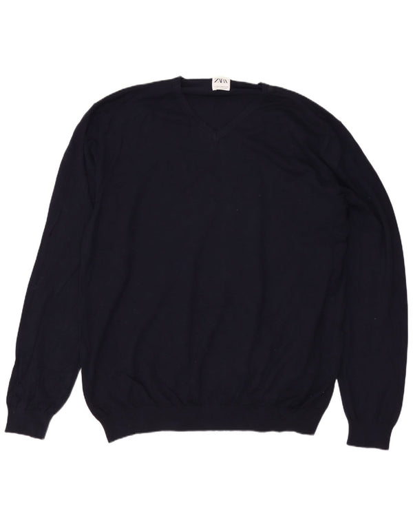 Męski sweter ZARA z dekoltem w kształcie litery V, 2XL, granatowo-wiskozowy