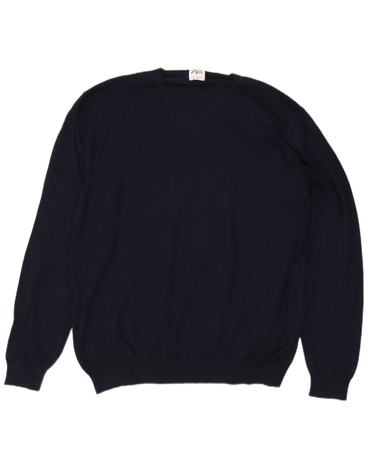 Męski sweter ZARA z dekoltem w kształcie litery V, 2XL, granatowo-wiskozowy
