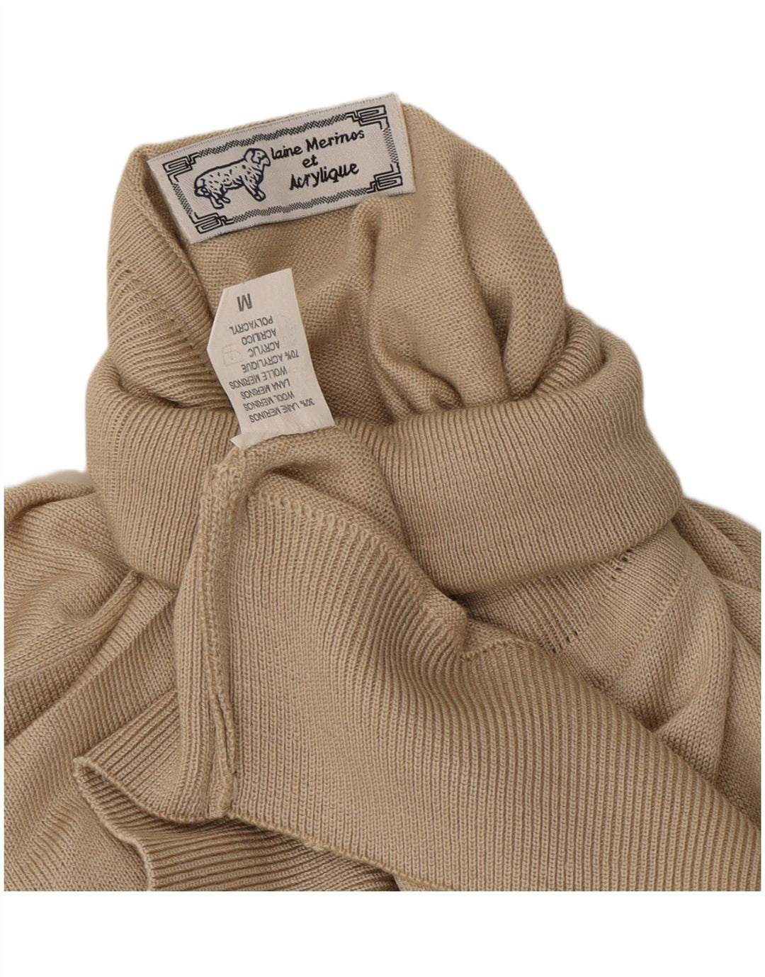 Vintage męski sweter z wywijanym dekoltem, średnia beżowa wełna