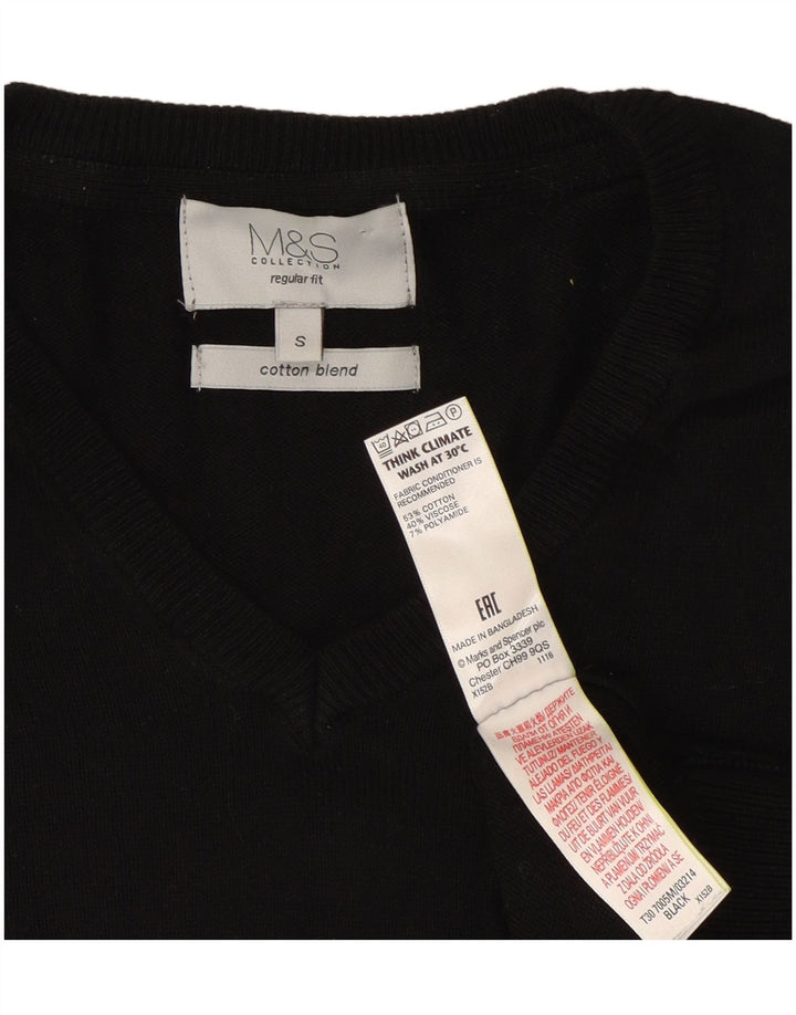 Marks & Spencer Męski sweter o regularnym kroju z dekoltem w kształcie litery V, mały, czarny, bawełniany