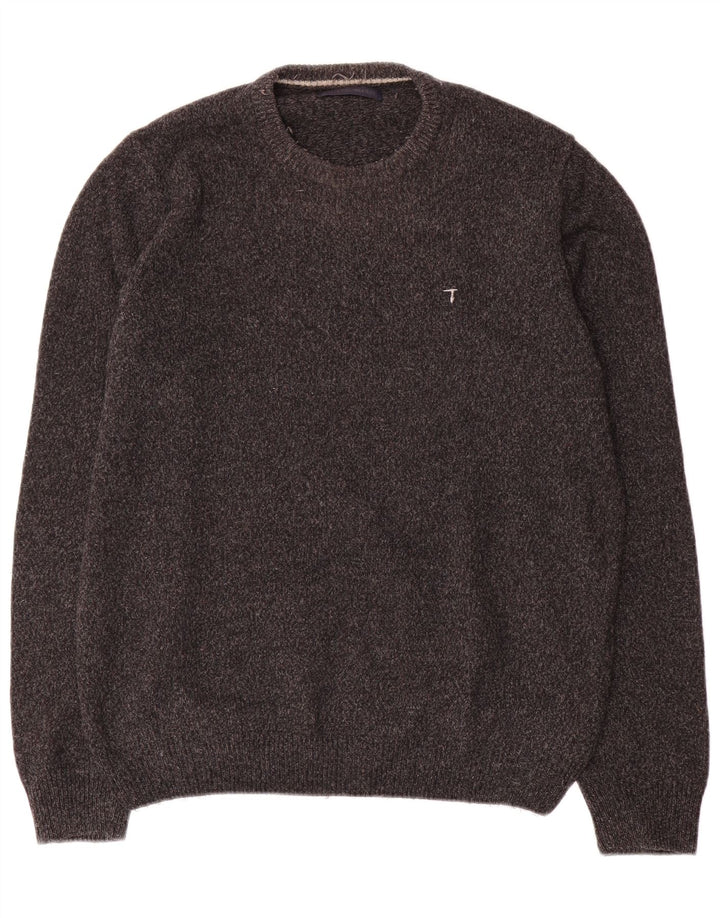 Męski sweter z wycięciem pod szyją Trussardi, duży, szary, wełniany w cętki